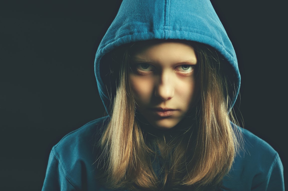Afraided teen girl in hood